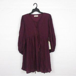 B.O.G Collective Mini Dress S Eggplant Puff Long Sleeve boho Port Dress SMALL